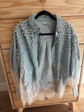 ASOS Luxe Pale Blue Pearl & Lace Denim Jacket/Shirt